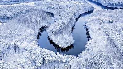 River and snowy forest. Aerial view of wildlife, Poland..