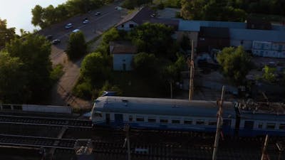 Aerial View Coming Train on the Bridge Railways.