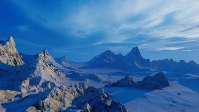 Flight over mountains covered with snow.