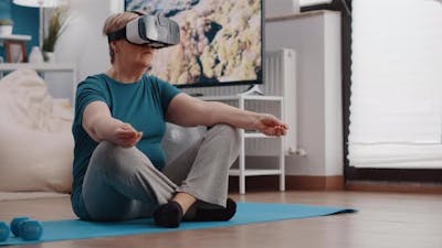 Old Woman Wearing Vr Glasses and Doing Meditation.