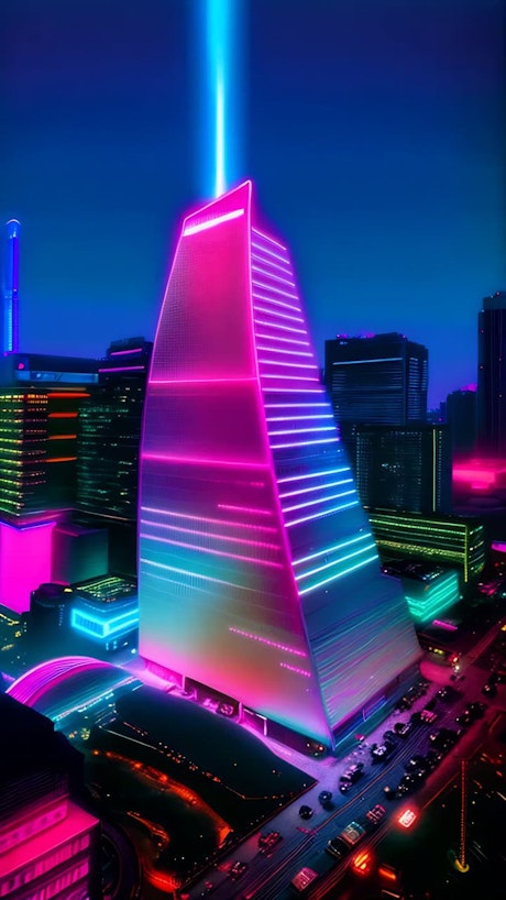 A colorful modern building takes center stage of the  city at night.