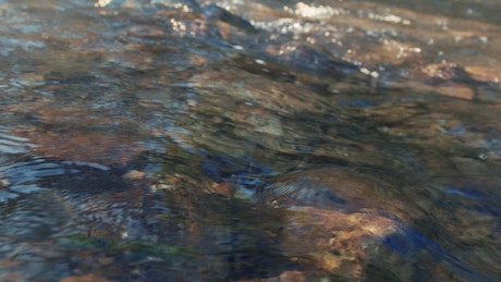 A continues flow of water over a smooth stone in the little river.