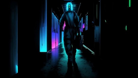 A humanoid figure carrying a suitcase walks trough a hallway towards a turquoise-light.