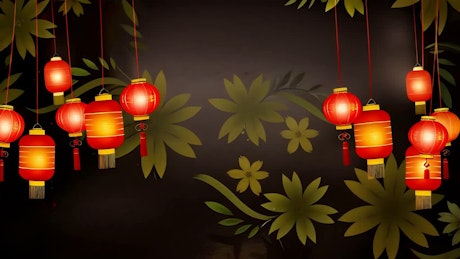 A mesmerizing display of several hanging lit red Chinese traditional lanterns illustrations over a backdrop with moving leaves.