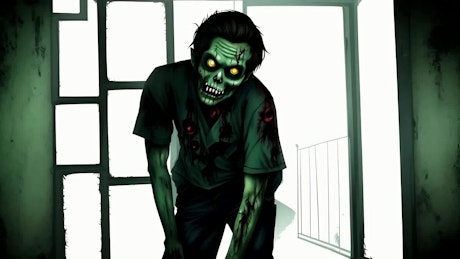 A spooky zombie walking in a dark hallway.