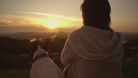 A woman with her dog watching the sunset.