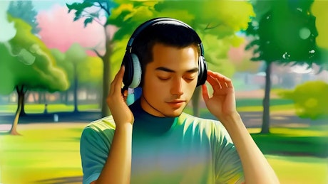 A young man wearing headphones vibing to the music while walking in the park.