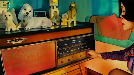 A young woman wearing a vibrant stylish dress turns on a vintage music stereo and starts dancing in the comfort of a room.
