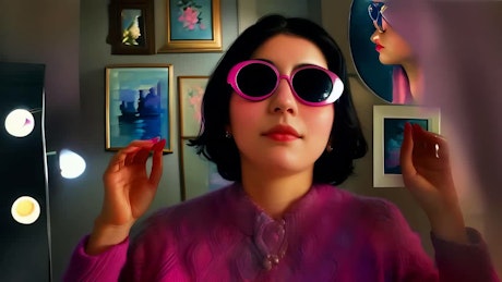 A young woman with sunglasses dancing to the  rhythm of the music in the comfort of a room.