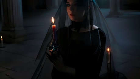 An eerie woman wearing black attire and a black veil and holding a candle.