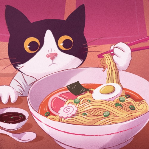 Cat using chopsticks to eat a bowl of ramen