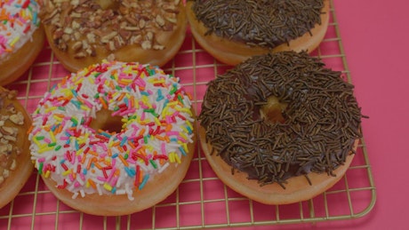 Glazed donuts in a close view.