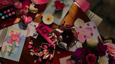 Paper cut work of flowers an the word love over a table.