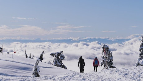 People walking on the snowy summit.