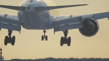 Rear view of airplane landing.