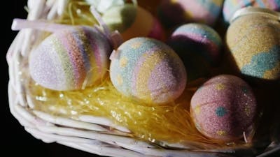 Basket with Decorative Easter Eggs. Preparing for Easter.