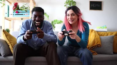 Couple Enjoying Competitive Gaming Session at Home.