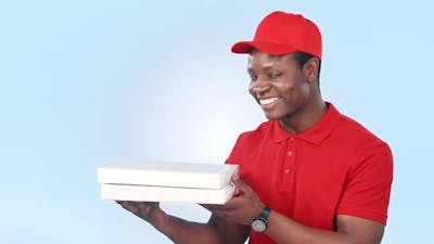 Black man, pizza for delivery with fast food and box for distribution, portrait.