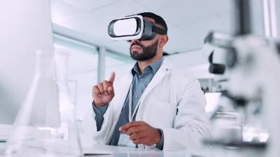Man, scientist and VR or futuristic glasses for healthcare software, metaverse.