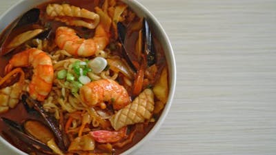 Jjamppong -  Korean Seafood Noodle Soup - Korean food style.