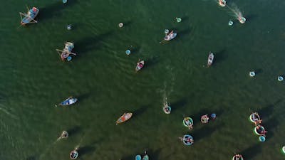 Traditional fishing vessels used in Vietnamese fishing industry; drone.