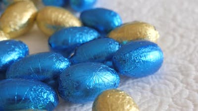 Easter eggs, chocolate in blue and yellow colors of the flag of Ukraine. Stand with Ukraine. Ukraine.