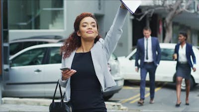 Wave, business and woman in a city, taxi and appointment with location, employee and document.